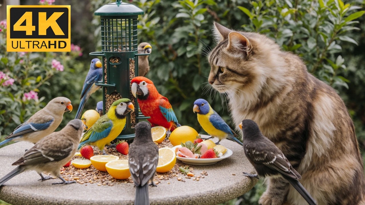 [No Ad Interruptions] Cat TV 😺 A squirrel climbs higher while birds flutter below.
