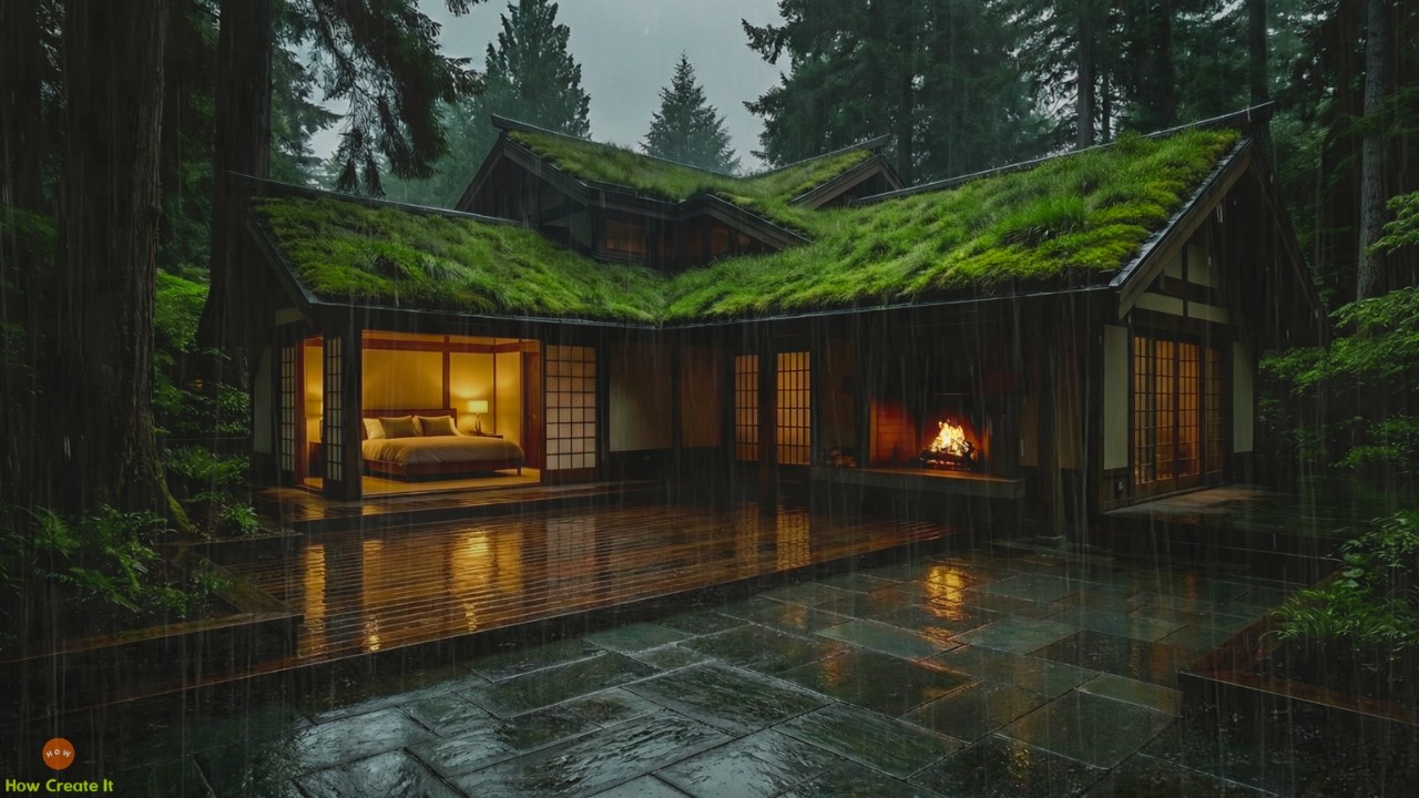 Mindful Rainy Night, Fireplace and Soft Thunder for Zen Calm in a Japanese Highland Retreat Forest