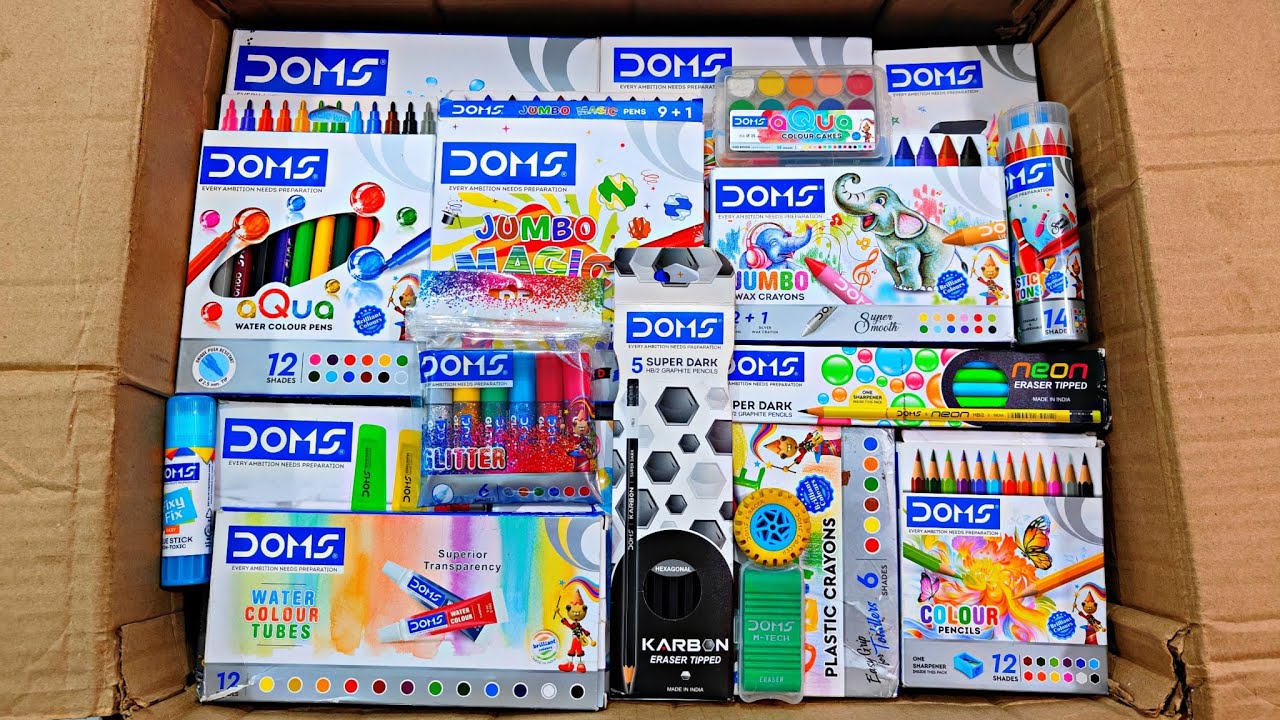 Unboxing Satisfying DOMS Stationery 📚, Magic Pen, Glitter, Wax Crayons, Water Colour, Oil Pastel