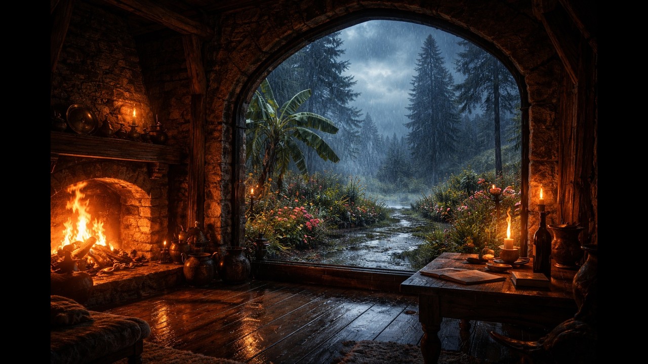 🌧️ Heavy Rain on Cozy Medieval Castle Cabin at Night | Instantly Fall Asleep