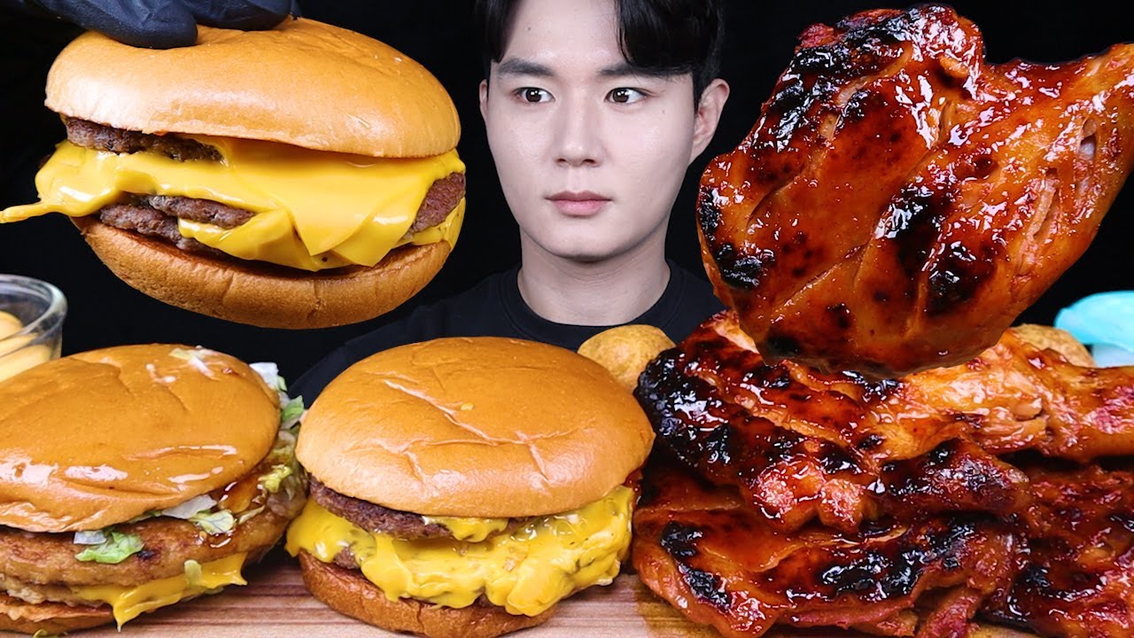 치즈버거 치즈볼 붐바스틱 치킨 먹방ASMR MUKBANG TRIPLE CHEESEBURGERS & SPICY BBQ CHICKEN チキンチーズバーガー eating sounds