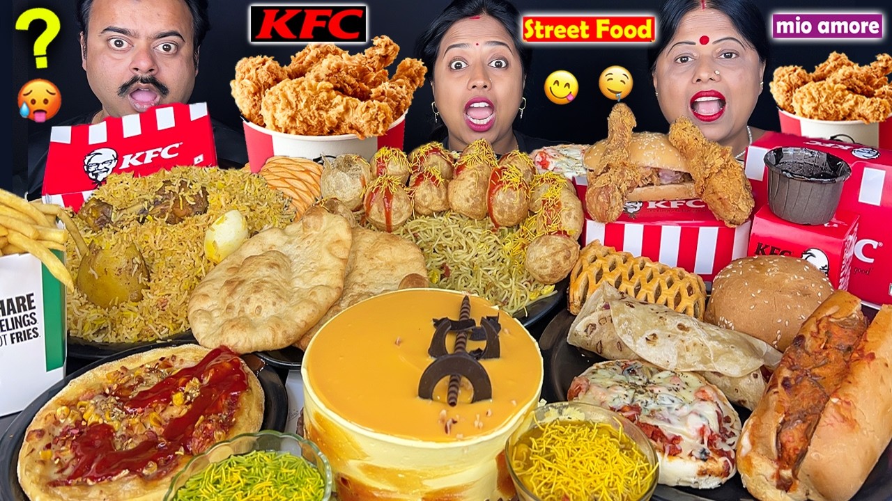 KFC vs STREET FOOD vs MIO AMORE EATING CHALLENGE CHICKEN BURGER, CAKE, EGG ROLL FUCHKA MUKBANG VIRAL