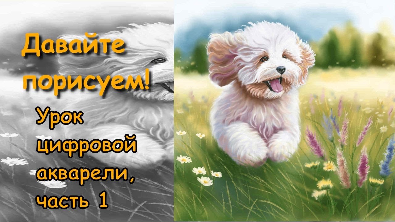 Рисуем собачку на лугу. Часть 1.