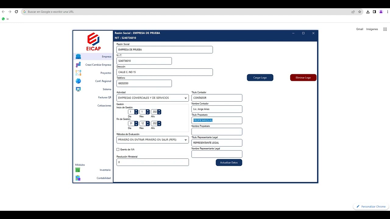 Botón crear empresa en el Sistema Contable EICAP V3