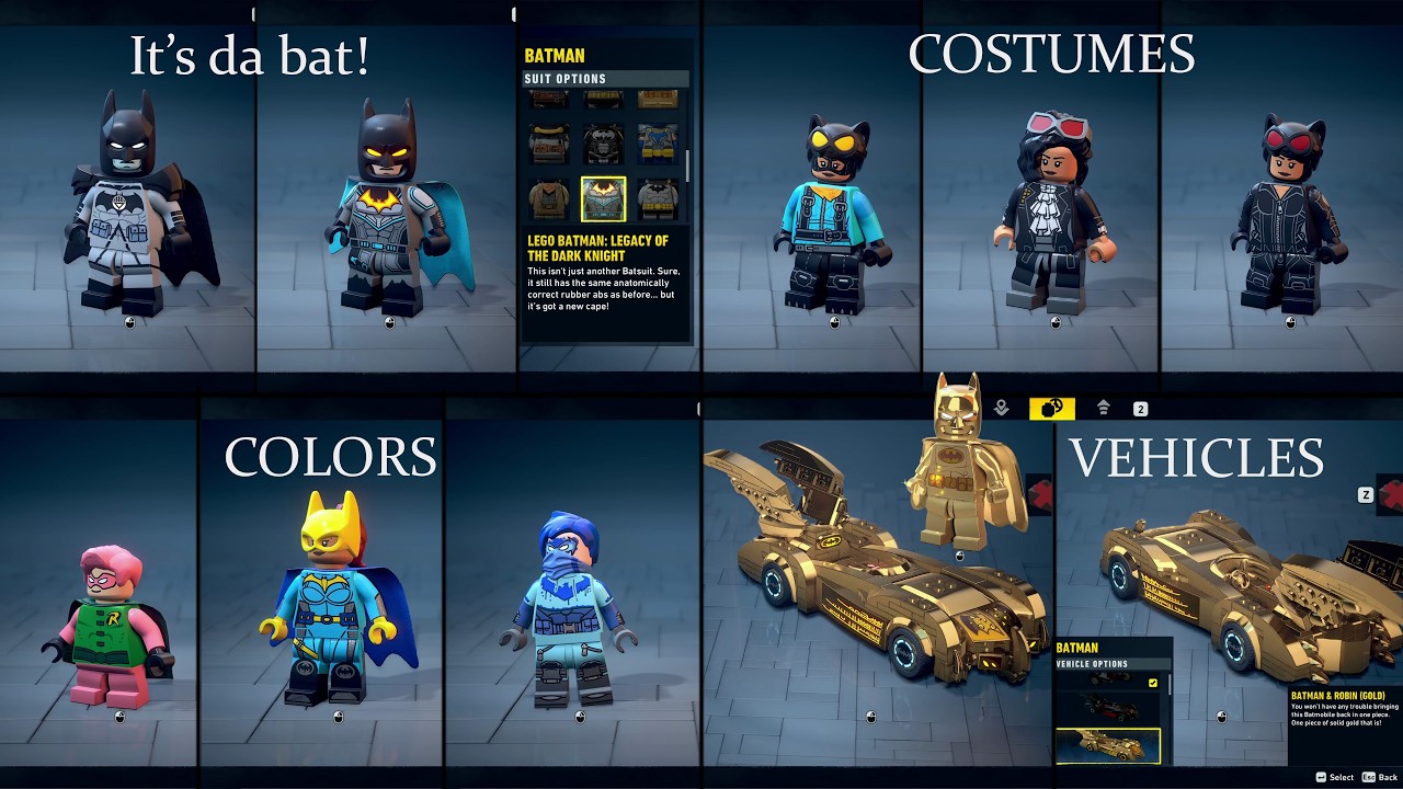Lego Batman: Legacy of the Dark Knight - All Costumes, Colors, and Vehicles