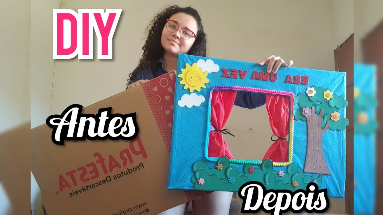 Diy - Fiz um cenário de fantoche/palitoche com uma caixa de papelão
