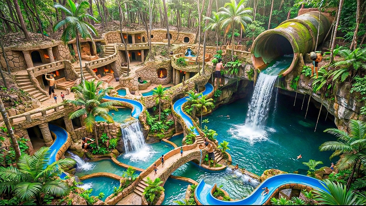 300 Days Building a Luxury Cliff Waterpark with Giant Pipe Waterfall and Pools Using Primitive Tools