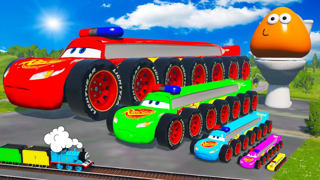 Big & Small Long Police McQueen with BTR wheels Monster Truck - Funny Cars vs Long Cars | BeamNG