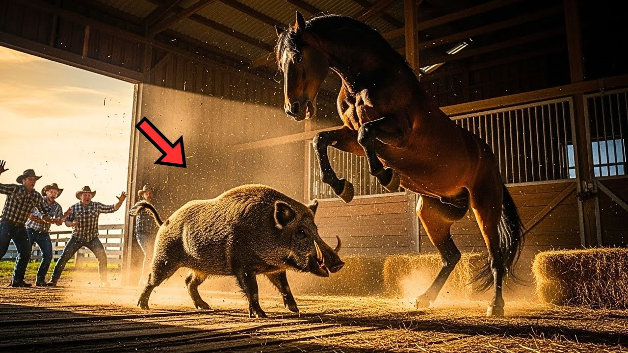 JABALÍ INVADE ESTABLO... CABALLO GIGANTE REACCIONA VIOLENTAMENTE QUE LOS GRANJEROS QUEDAN IMPACTADOS