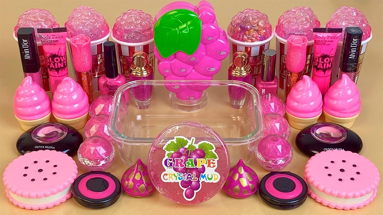 ASMR Slime Mixing ”Pink GRAPE” 💗🍇💤 makeup, Eyeshadow, glitter into slime. Satisfying slime video.