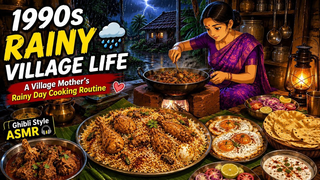 1990s Rainy Indian Village Life 🌧️| A Village Mother&rsquo;s Rainy Day Cooking Routine | Ghibli Style ASMR