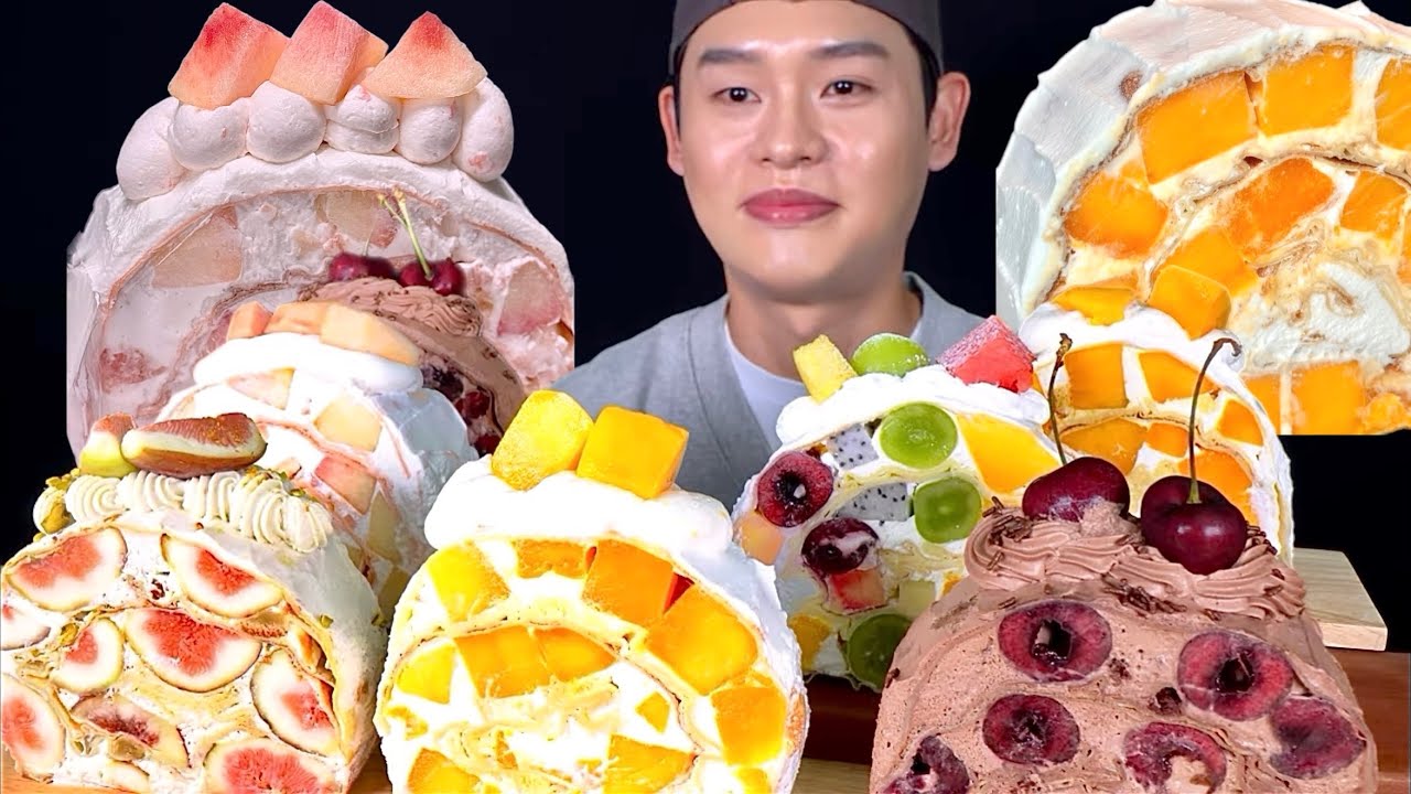 ASMR 생크림폭탄 크레이프 케이크 애플망고 복숭아 크런치초코 후루츠 피스타치오 무화과 먹방~!! Fresh cream bomb crepe cake MuKBang~!!