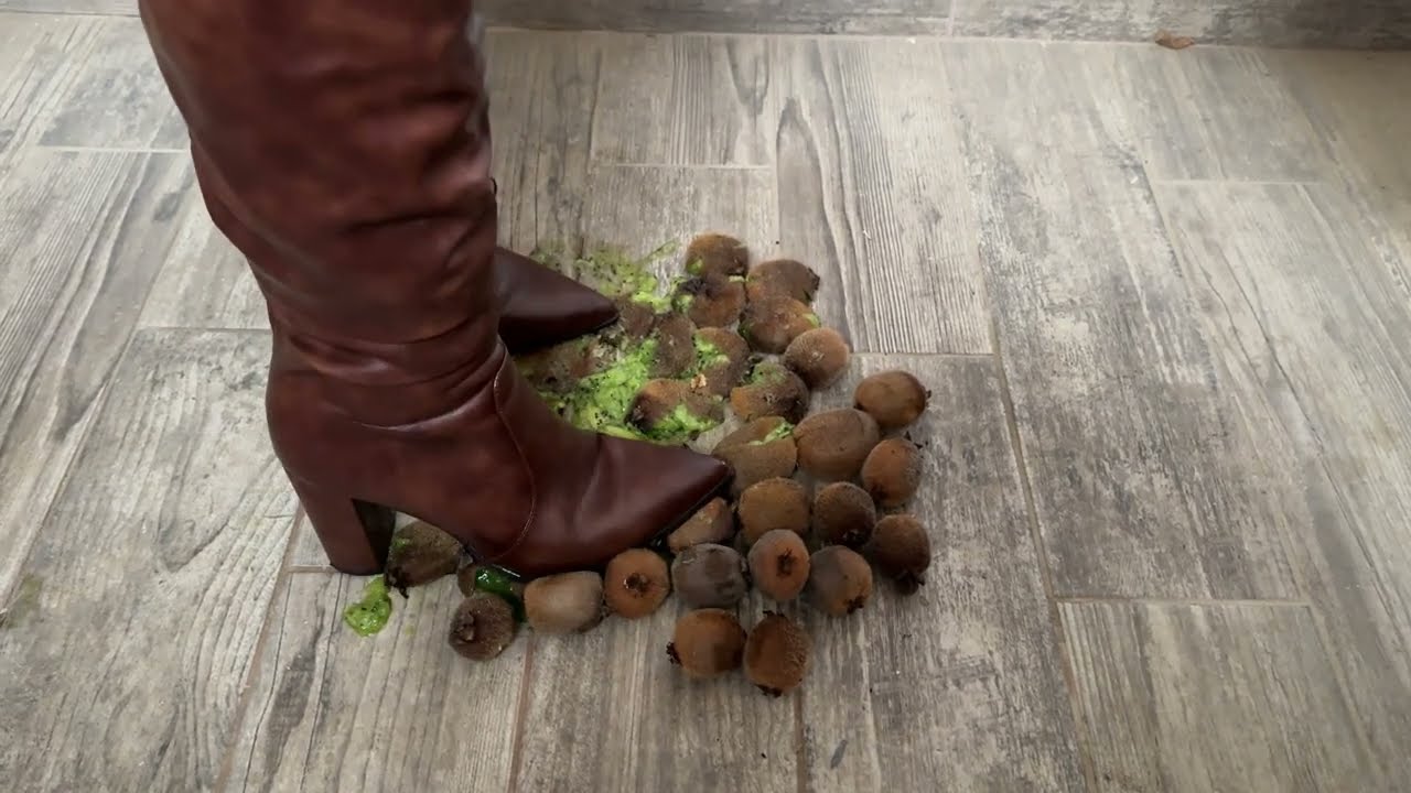 Boots crush food - ASMR crushing and trampling in brown boots - fruit