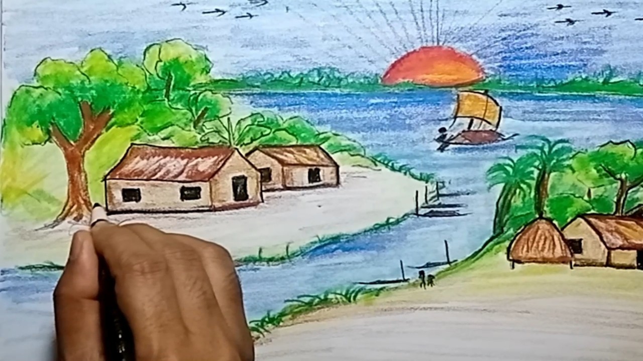How to draw Village Scenery with River | Scene | গ্রামীণ দৃশ্য | Art | Easy Drawing Academy
