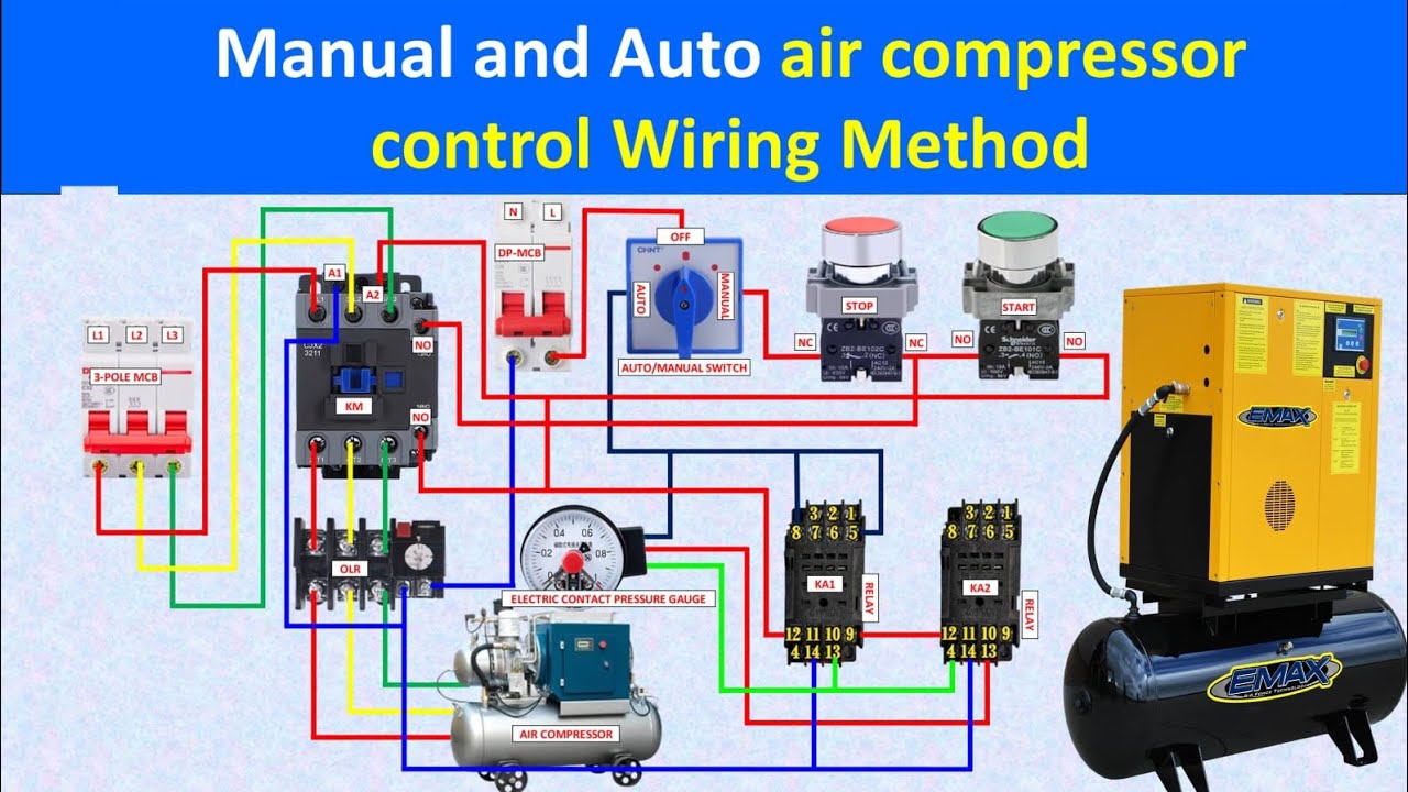 3 phase Air Compressor Manual and Auto  ON/OFF Control Circuit Diagram | Wiring Guide
