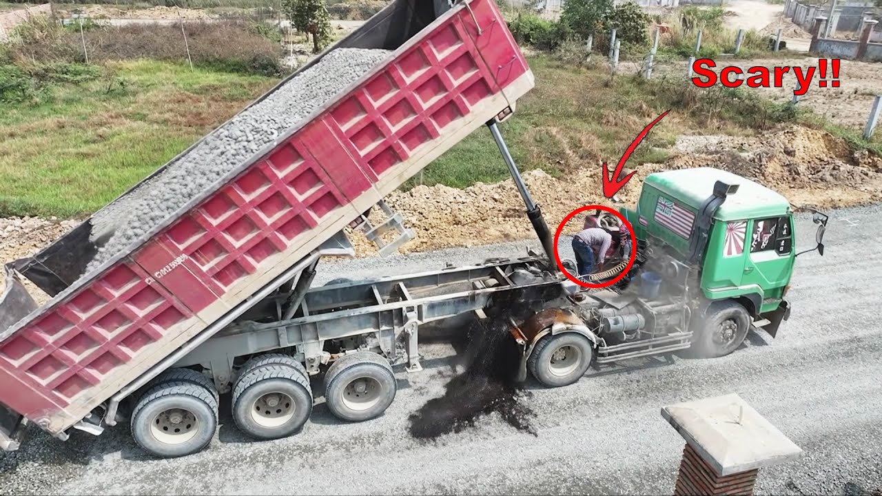 OMG!! Scary Moment Dump Truck Action in New Road Construction Motor Grader Pave Skills &mdash; Safety