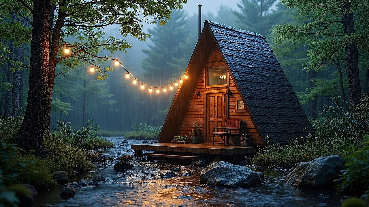 Cozy A-Frame Cabin Ambience 🌧️🌲 Rainy Spring Evening by an Appalachian Stream