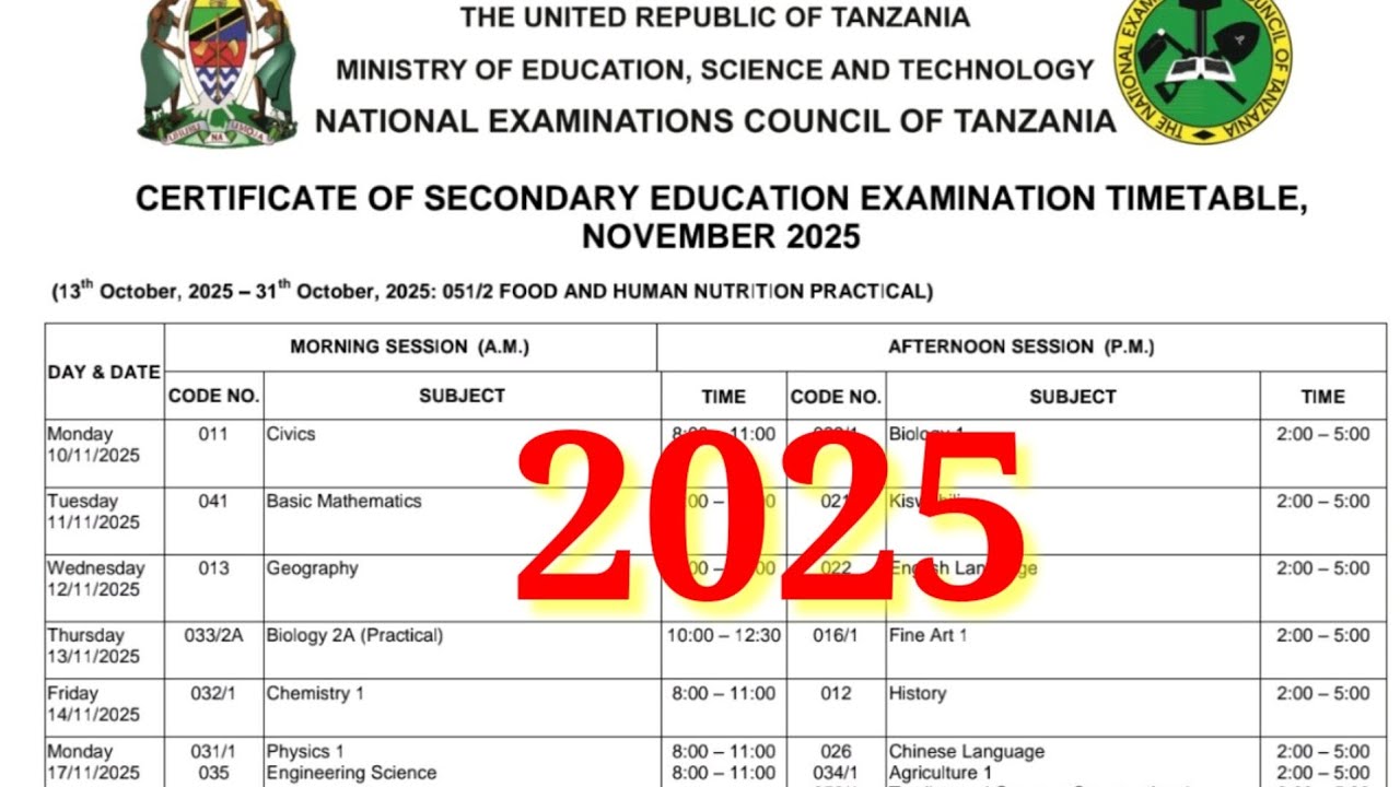 Ratiba ya Mtihani wa Taifa wa Kidato cha NNE 2025...