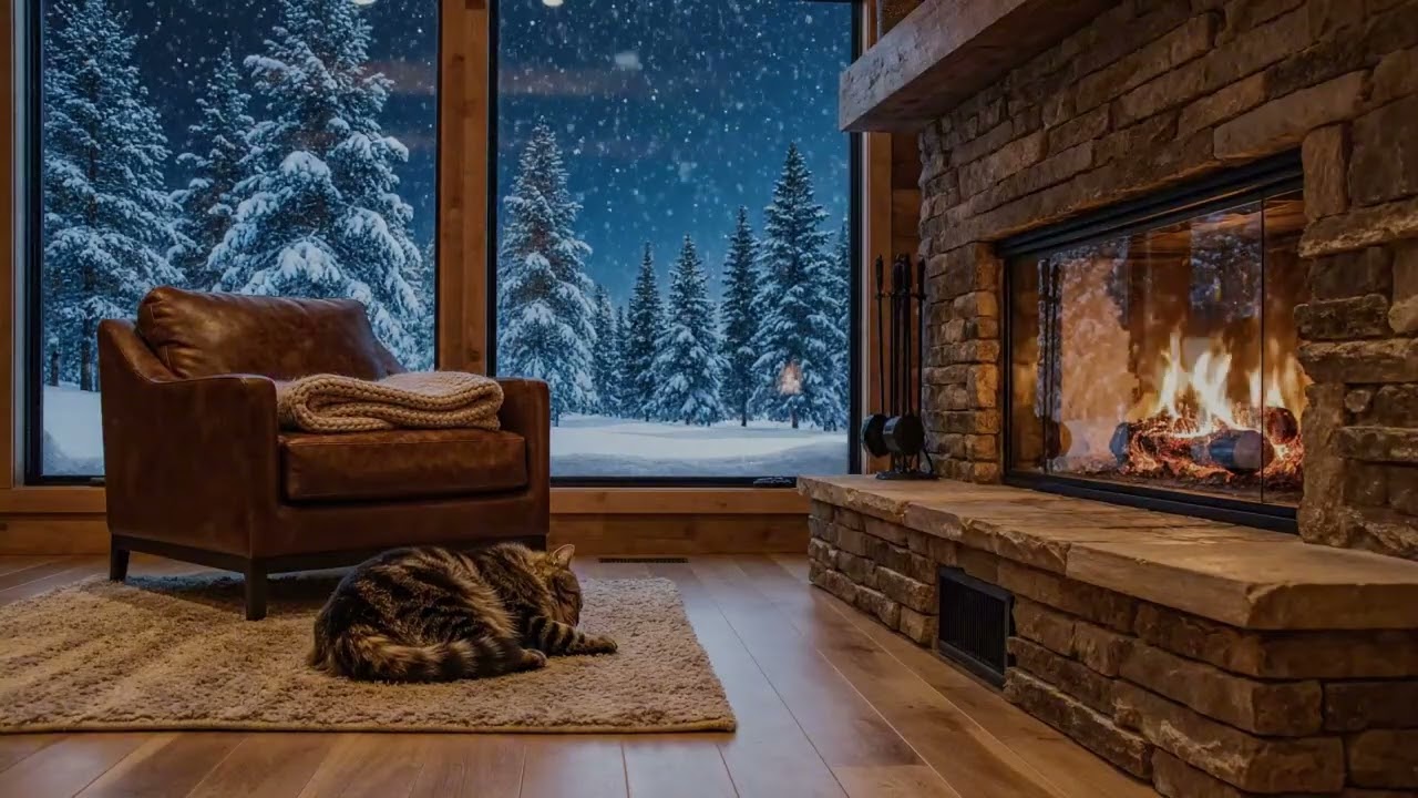 Quiet Cozy Fireplace Night with a Gentle Purring Cat for Ultimate Relaxation