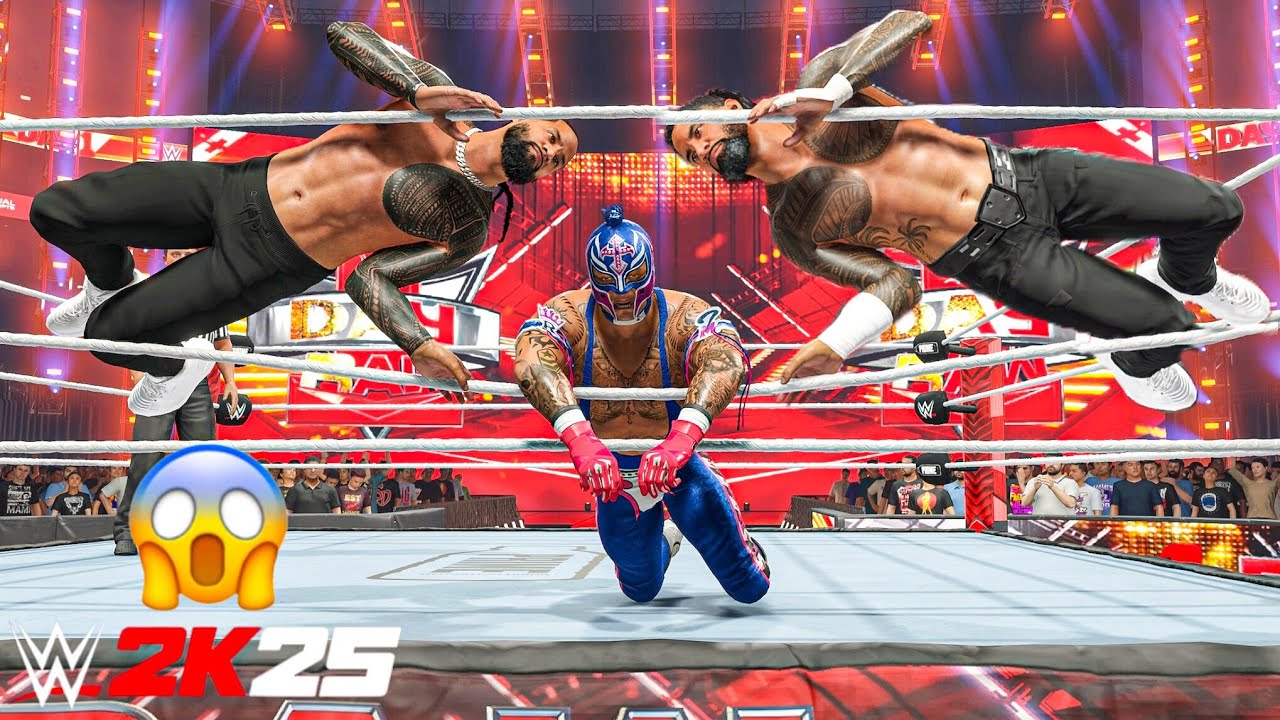 WWE 2K25 - Jey Uso and Jimmy Uso destroys Rey Mysterio and Dominik Mysterio at Raw | Gameplay