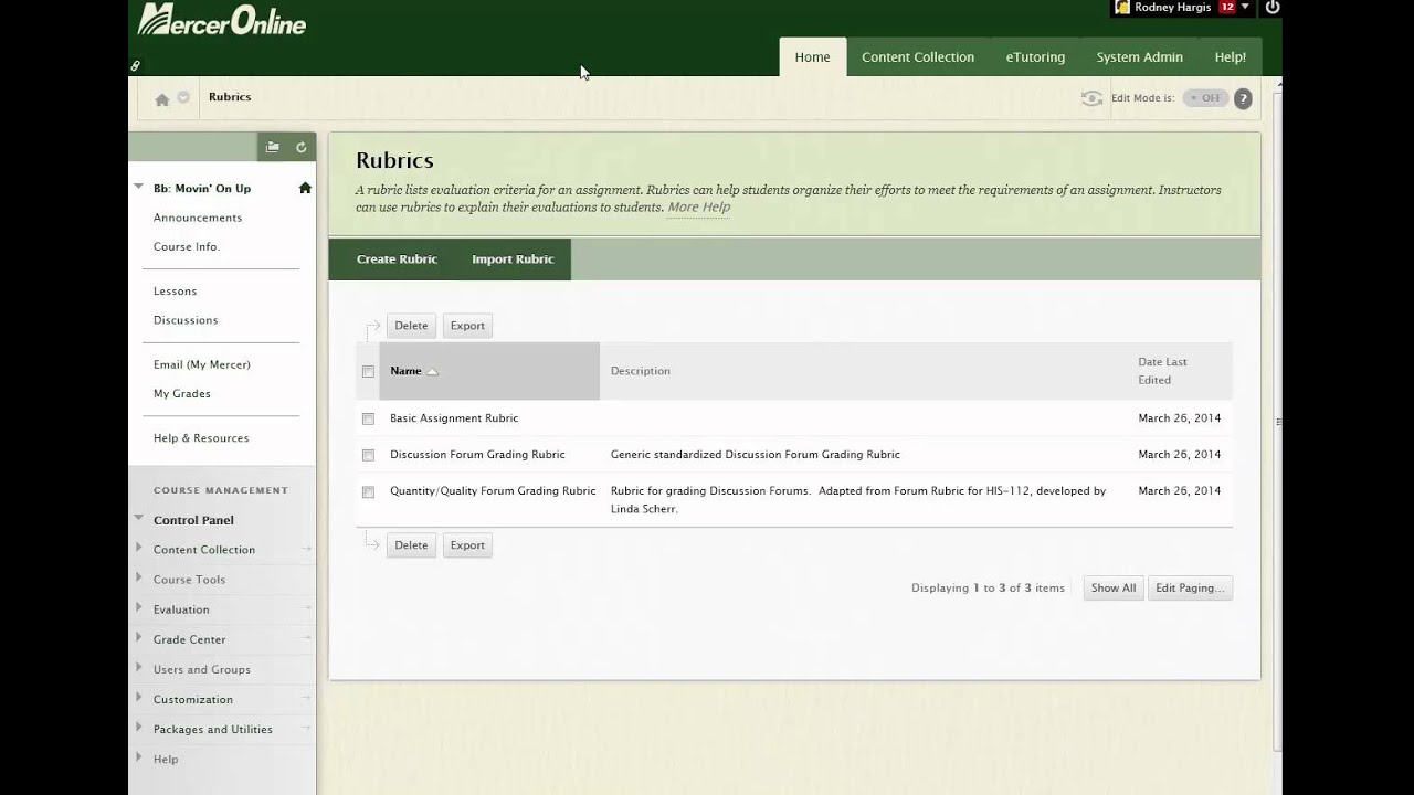 Copying Rubrics from One Blackboard Course to Another