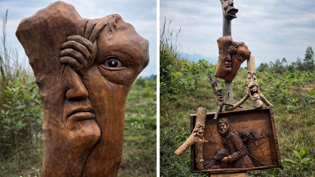 The Eye Behind the Mask Carved on Scrap Wood