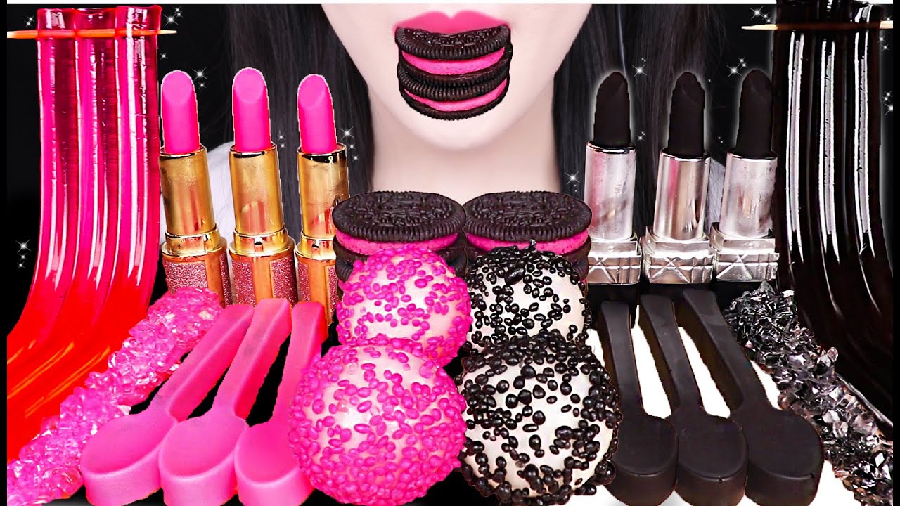 ASMR BLACK PINK FOODS *EDIBLE SPOON, EDIBLE LIPSTICK, OREO, JELLY NOODLES 블랙 핑크 푸드 먹방 JANE ASMR 제인