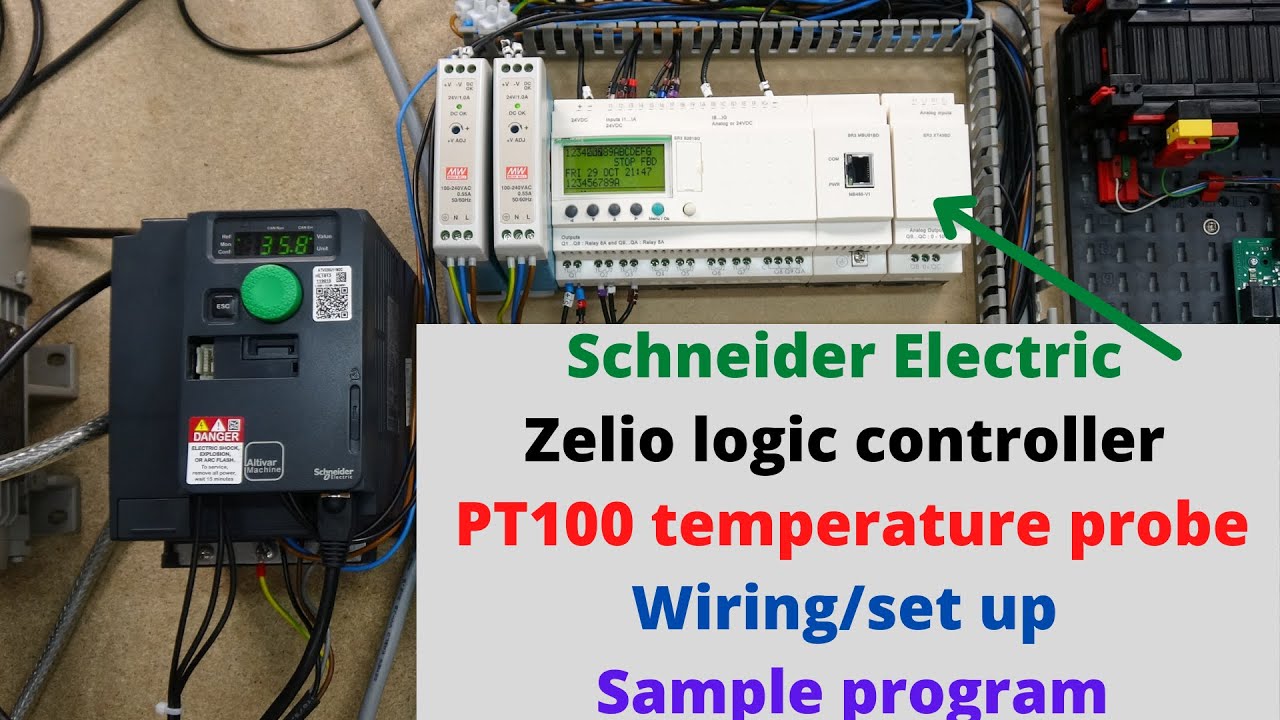 Schneider Electric Zelio logic controller PT100 temperature probe wiring/set up, sample program. Eng