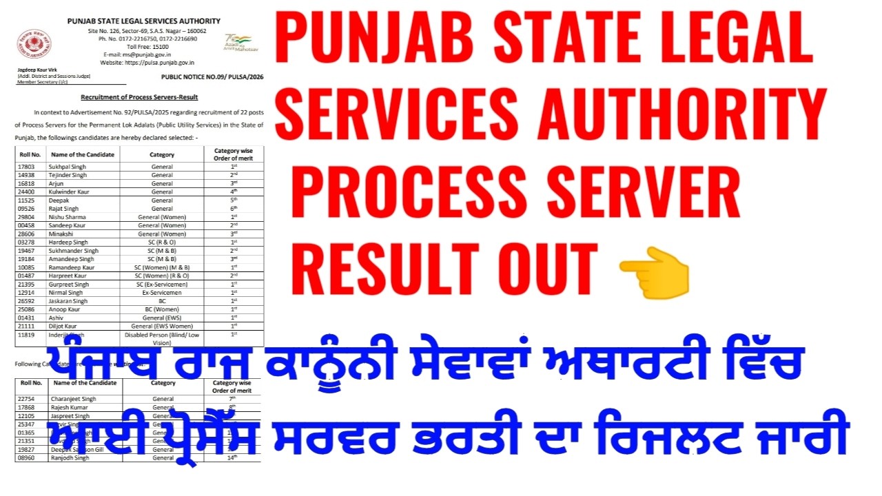 Punjab state legal services authority process server result out 2026