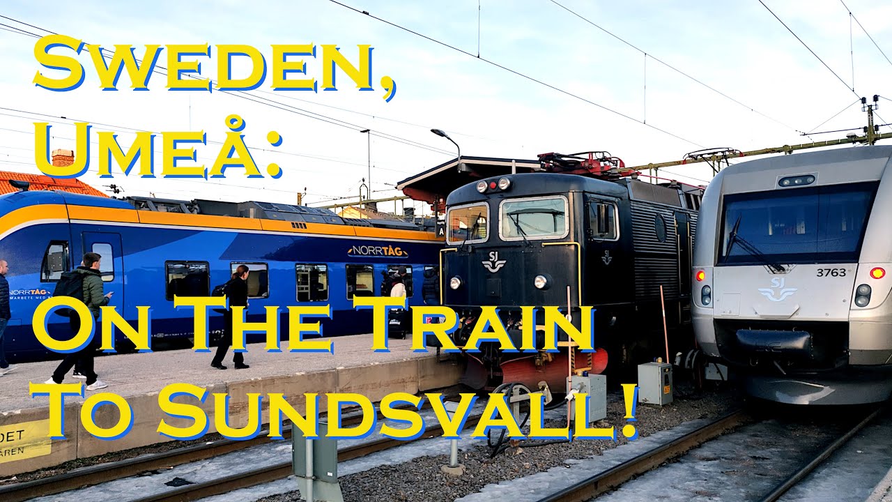 Sweden, Umeå: Train passenger view Umeå Central to Umeå Östra + arriving at Sundsvall Central.