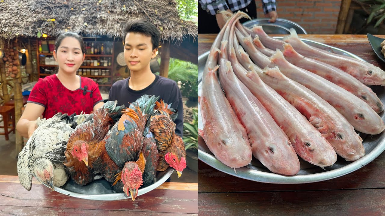 Shark, Chicken, Snake head Fish  are so delicious cooked by Mommy chef Sros - Cooking with Sros