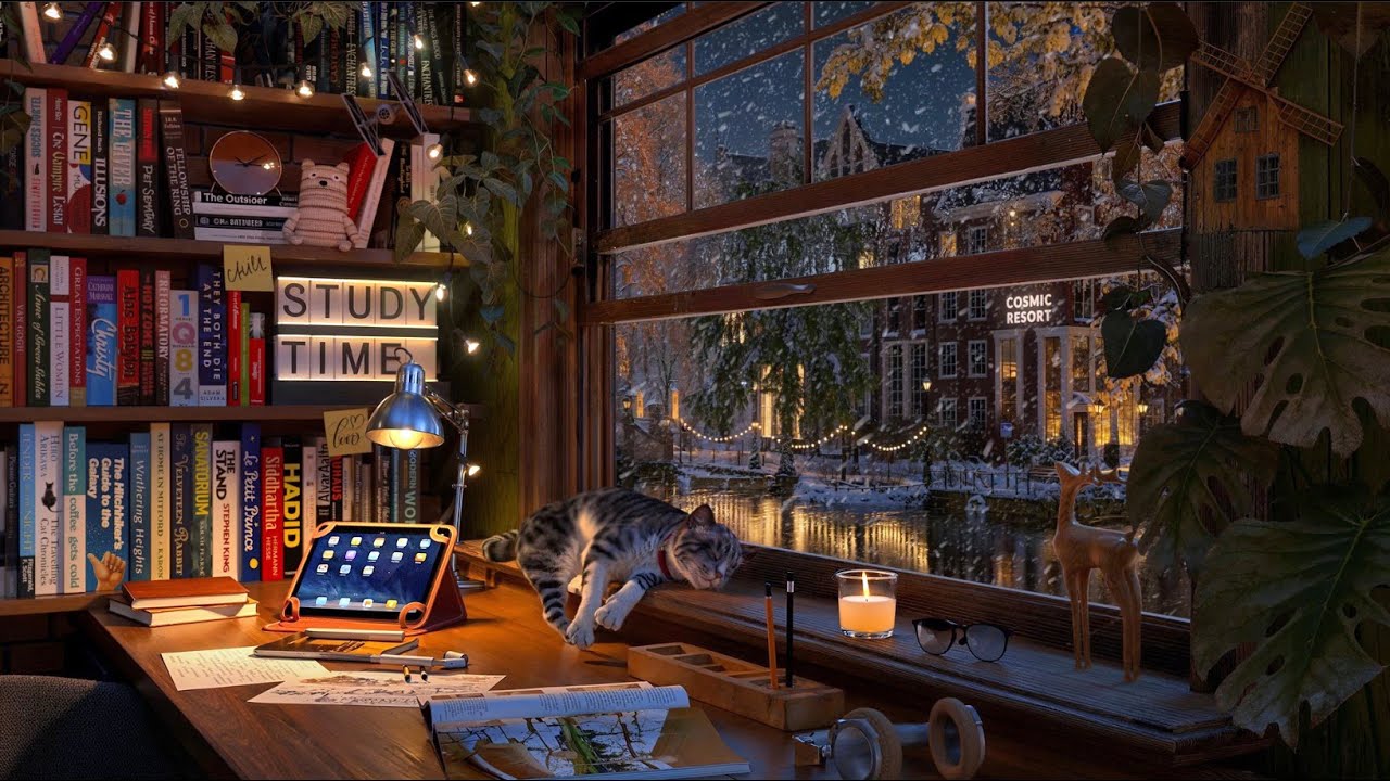 Amsterdam Study Room Ambience: Relaxing Snow Sounds & Immersive Canal View