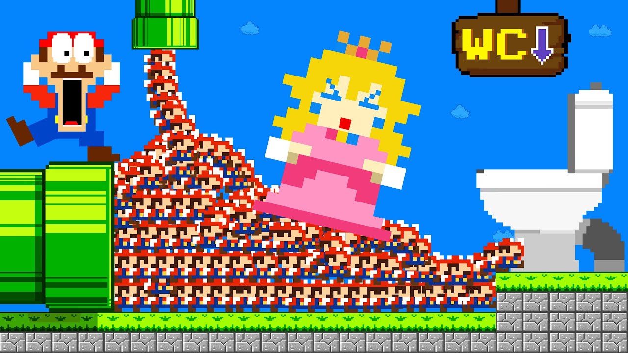 Super Mario Bros. but Mario and 999 Tiny Mario guide Giant Peach to Toilet | Game Animation