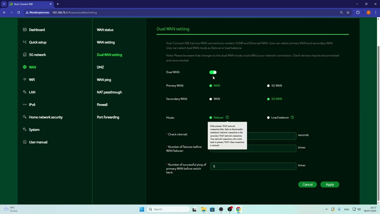 ACER Connect X6E 5G – How to Enable and Set Up Failover Mode