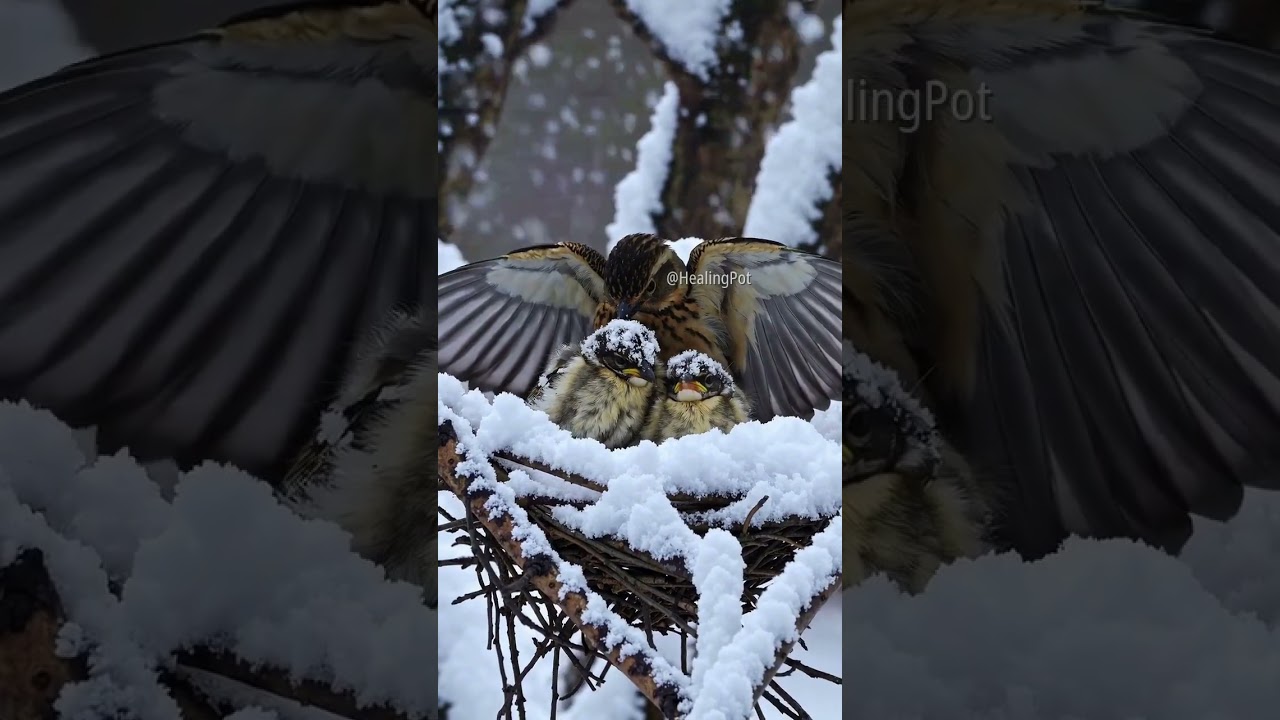 Winter Guardian: Mother Fieldfare Shields Chicks from Snowfall ❄️ | #BirdFamily #WinterWildlife #Sno