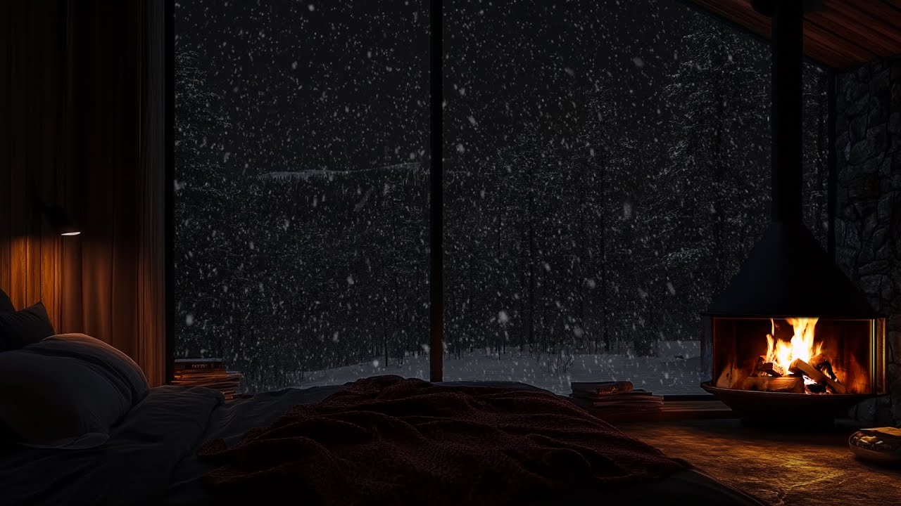 Cozy Cabin Snowstorm | Crackling Fireplace, Wind & Snow for Deep Sleep, ASMR