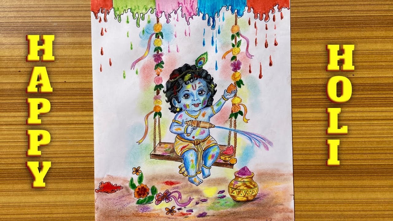 Cute Shree Krishna Holi Celebration Drawing | Colorful Holi Art | Cute Krishna Drawing I #krishnaart
