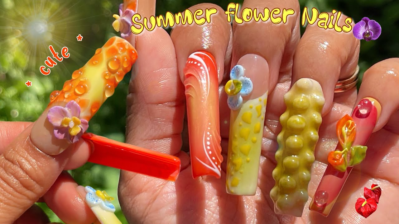Colorful flower Nails 🌺 | 3d ordcid and Calla lily flowers 💐 | nails at home |#nails #nailart