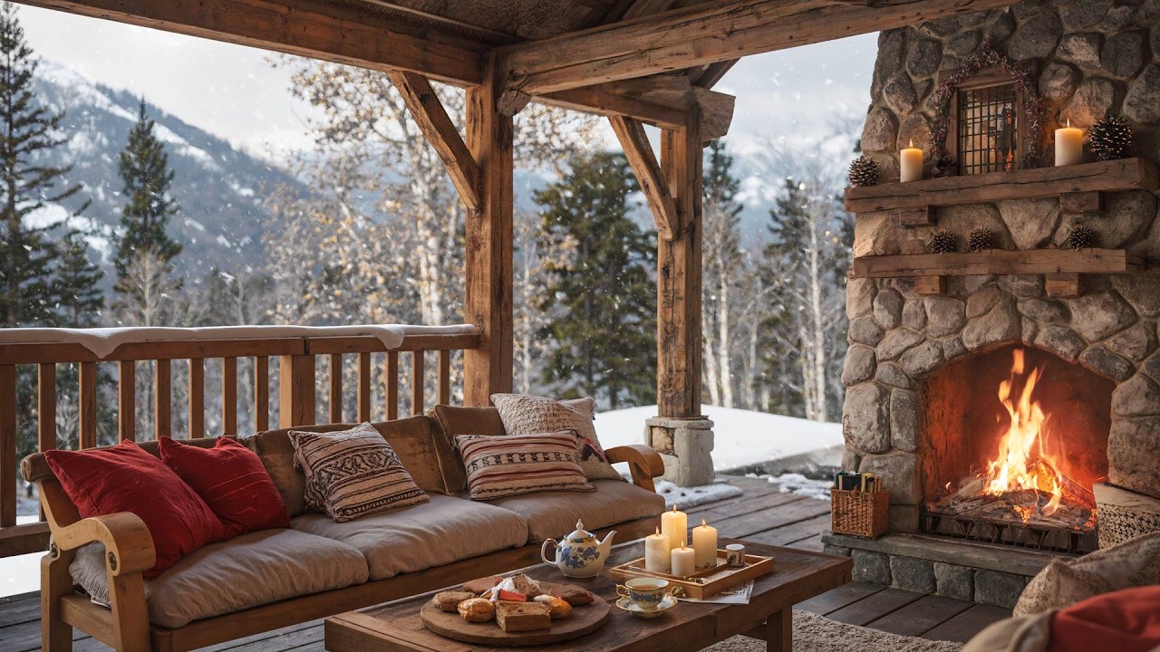 Relaxing Winter Jazz on a Balcony Cabin ⛄ Warm Fireplace & Smooth Jazz Background Music for Work