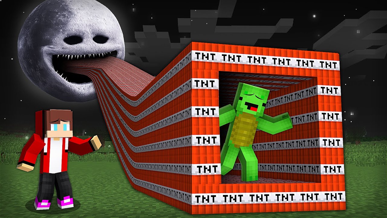JJ found a Mikey's TNT TUNNEL to the MOON WOKE UP in Minecraft Challenge - Maizen