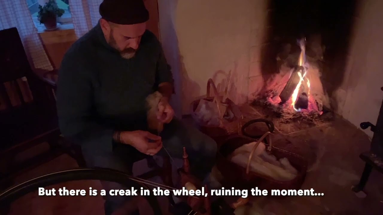 Spinning by the fire in a Swedish cottage. Dalarna, Sweden. Semi ASMR