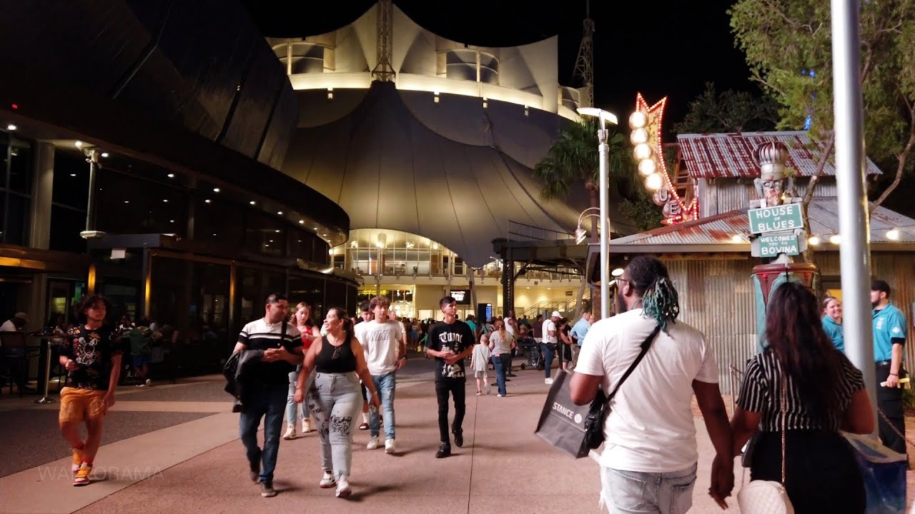 Disney Springs Nightlife Walk on a Crowded Saturday Night, Orlando Florida · Walt Disney World 4K