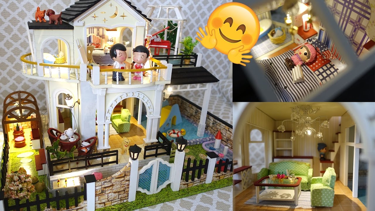 DIY FULL Set Miniature Doll House with Pool, Bathroom, Bar, Living Room, Kitchen, Bedroom, Patio