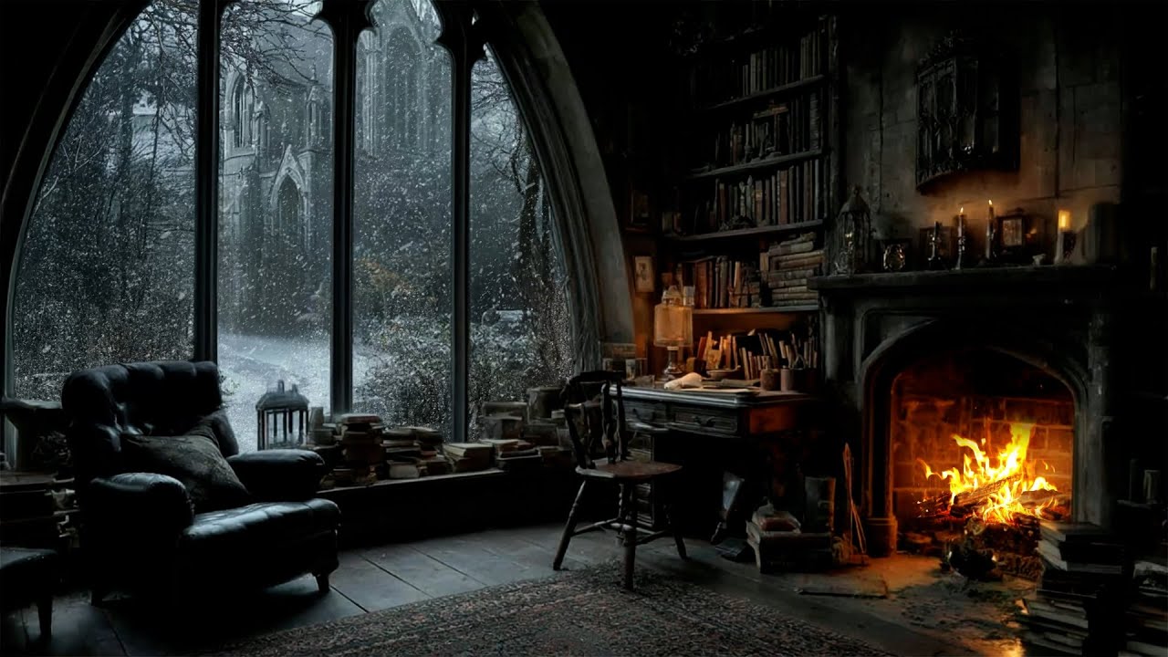 🔥 Dark Academia Fireplace Ambience | Gothic Cathedral, Snow & Piano for Study & Writing ❄️