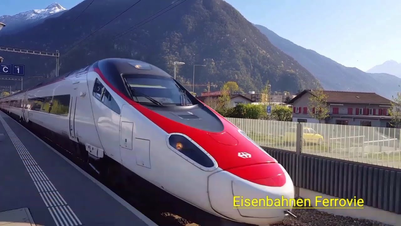 Treni delle SBB, Eurocity, ICN, Vectron, DB Br185, ETR 610 sulla ferrovia del Gottardo in Svizzera