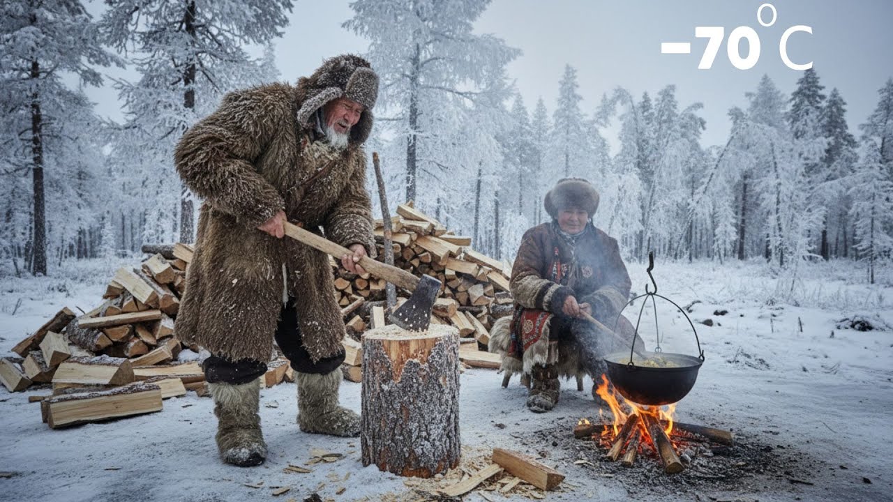 90-Year-Old Yakut Couple Builds a Log Cabin in -70°C Siberian Taiga | Cooking Plov & Survival