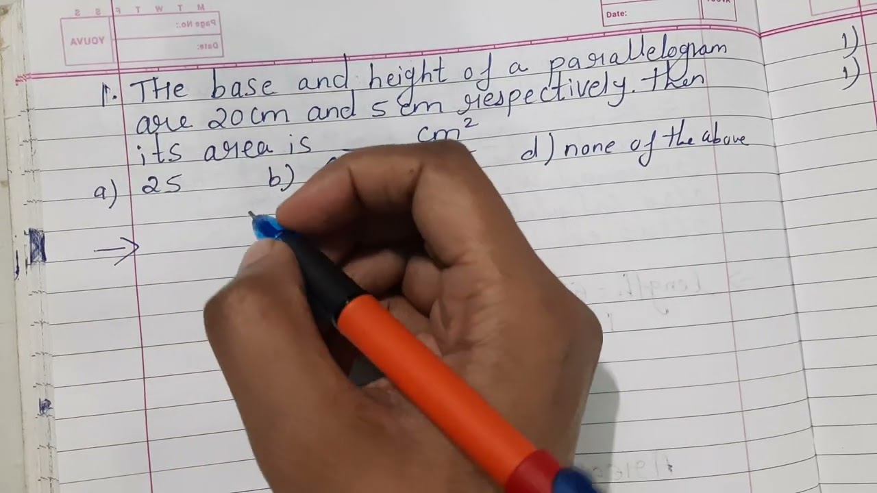 The base and height of a parallelogram are 20cm and 5cm respectively. Then itsarea is____cm²