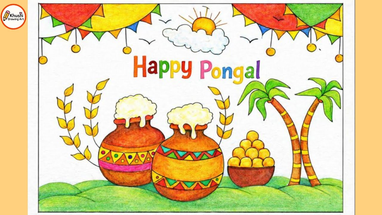 Pongal Festival Drawing | Happy Pongal Colourful Drawing for Beginners
