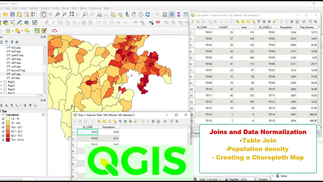 Working with attribute table in QGIS Joining tables  Population density and preparing choroplate map