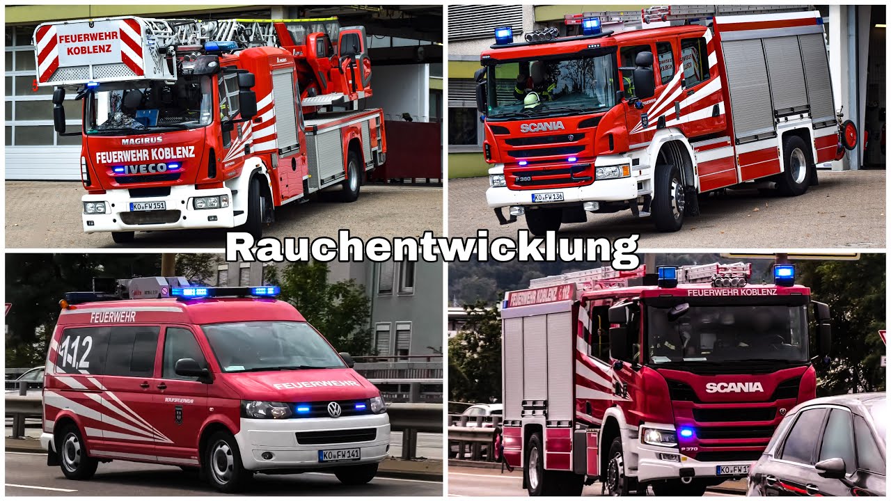 [Rauchentwicklung aus Gebäude] Löschzug Wache 1 und NEUES HLF Wache 2 BF Koblenz auf Einsatzfahrt